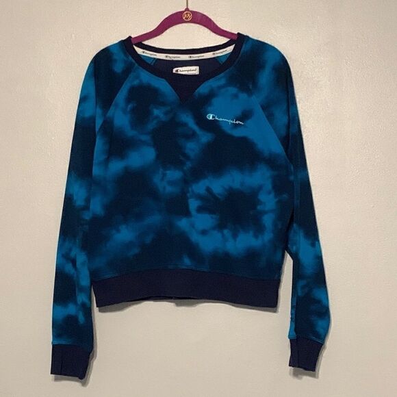 Champion Sweatshirt Woman's Large Blue Tie Dye Cropped Round Neck Pullover - Picture 1 of 6